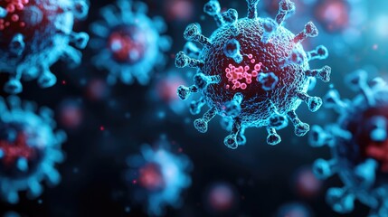 Poster - Close-up depiction of coronavirus on a dark background with blue and red details.
