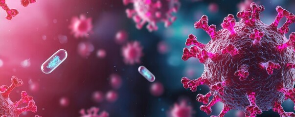 Aufkleber - Microscopic view of viruses with vibrant colors on a soft-focus background.