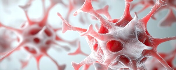 Poster - Close-up view of red and white virus cells on a light background.