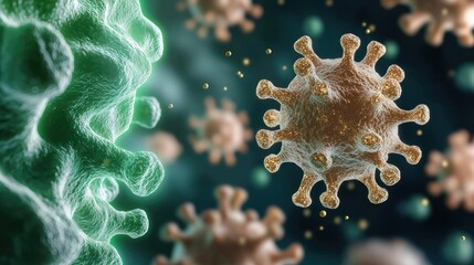 Poster - Microscopic view of viruses in vibrant colors on a dark background.