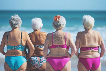 Three older women in swimsuits laughing joyfully on a sandy beach under a clear blue sky, with waves crashing in the background.