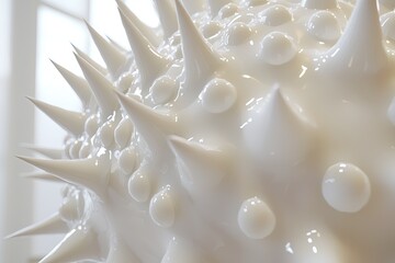 Poster - Close-up of a textured white object with spikes and droplets, showcasing unique design and intricate details in a minimalistic style.