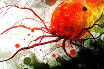 Poster - Abstract representation of a vibrant red organism with flowing tendrils, showcasing a mix of colors and dynamic shapes.