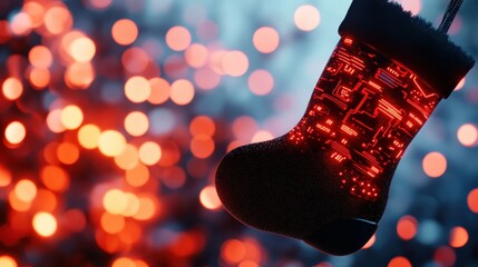 Canvas Print - Brightly lit Christmas stocking against a bokeh background.