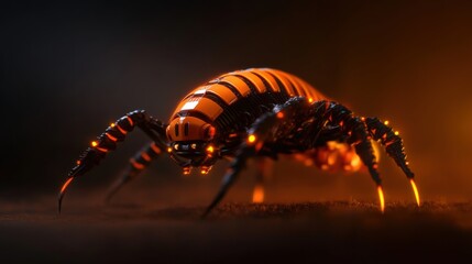 Wall Mural - Close-up of a vibrant orange and black spider on a dark background.