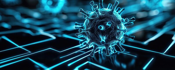 Poster - 3D virus model on a digital circuit board, glowing blue elements, futuristic design.