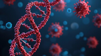 Poster - DNA helix with viruses, colorful and detailed representation, isolated on a dark background.