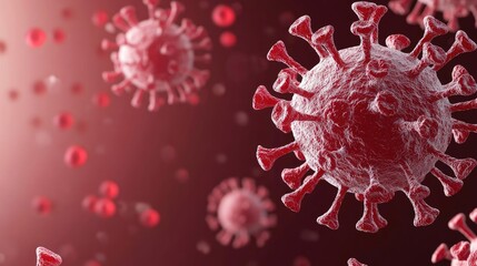 Poster - Microscopic view of coronavirus particles on a red background