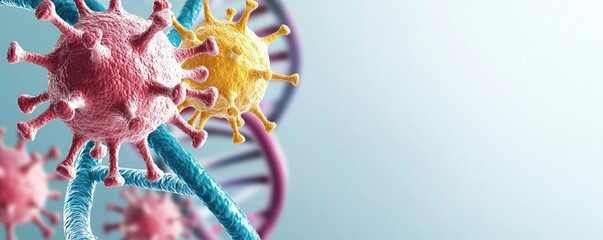 Poster - Colorful virus model with DNA strands, scientific background.