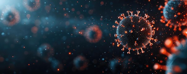 Poster - Microscopic view of virus particles on a dark background, illustrating infection.