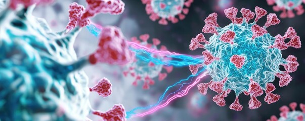 Poster - Close-up view of coronaviruses with striking colors and textures.