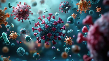Poster - Colorful depiction of viruses in a vivid microscopic view, showcasing intricate details.