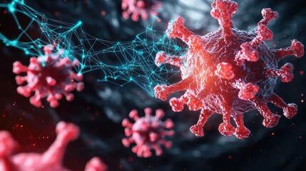 Poster - Close-up visualization of a virus on a dark background with glowing elements.