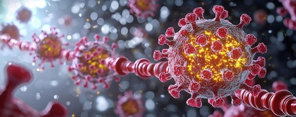 Poster - 3D virus structure with red spikes and glowing core on a dark background.
