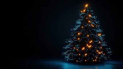 Poster - Futuristic Christmas tree with glowing lights and circuit patterns on a dark background.