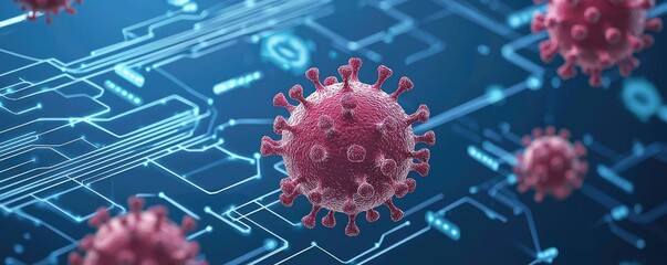 Poster - 3D model of coronavirus on digital circuit background, blue and red color scheme.