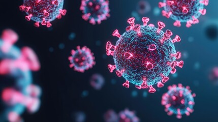 Poster - Colorful digital illustration of virus particles on a dark background.
