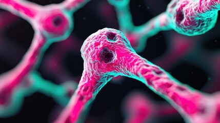 Poster - Colorful microscopic representation of cells, isolated on a dark background.