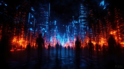 Poster - Futuristic cityscape with vibrant neon colors and silhouetted figures.