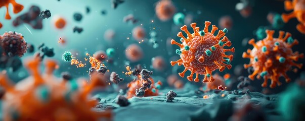 Poster - Colorful microscopic view of virus particles with dynamic elements.