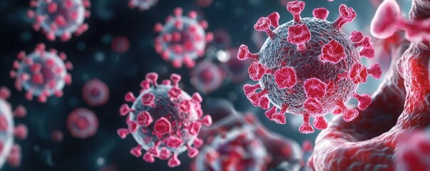 Poster - Illustration of coronavirus cells on a dark background, detailed close-up view.