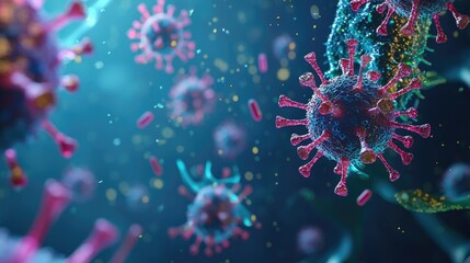 Poster - Colorful digital rendering of viruses under a microscope on a dark background.