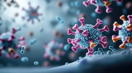 Poster - Colorful representation of microscopic viruses on dark background.
