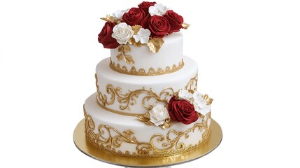 a luxurious two-tier white and gold wedding cake, beautifully decorated with red roses and white flo
