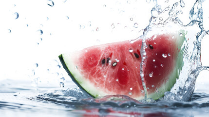 Fresh watermelon slice splashing in water, creating refreshing and vibrant scene. droplets enhance juicy texture and summer feel of this delicious fruit