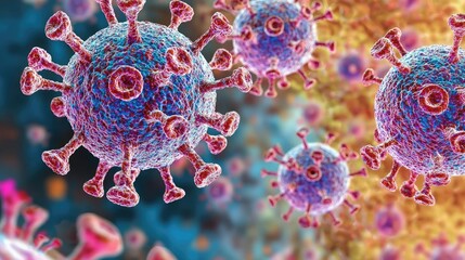 Poster - Close-up view of colorful virus cells on a blurred background.