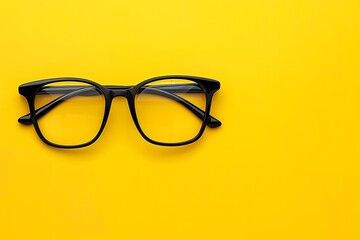 Black eyeglasses on yellow background. Top view with copy space