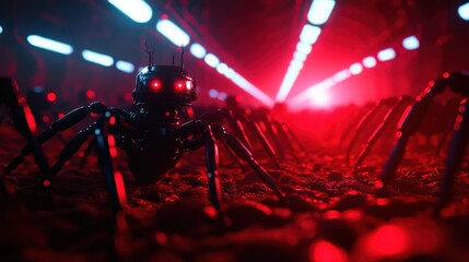 Sticker - Futuristic robotic spiders glowing under red lights in a dark, eerie setting.