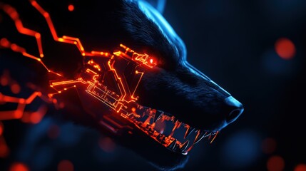 Sticker - Futuristic wolf portrait with glowing circuitry details, dark background.