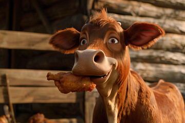 Brown cow enjoying a piece of food in a lush green pasture, under a clear blue sky.