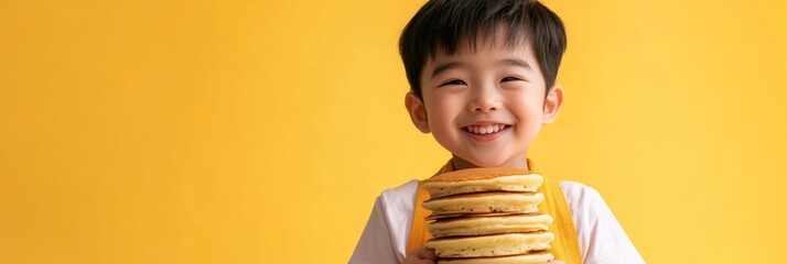 A little Asian boy smiles proudly while holding a stack of pancakes in front of a bright yellow backdrop