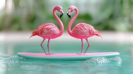 Wall Mural - Two Flamingos on a Pink and Green Paddle Board.