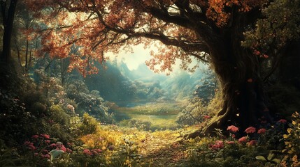 Wall Mural - tranquil autumn landscape with vibrant foliage and blooming flowers in a sunlit forest glade during 