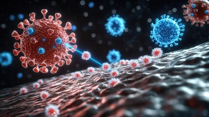 Poster - 3D illustration of viruses attacking a cell, dark innovative background.