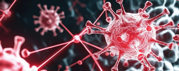 Poster - 3D illustration of virus cells with red spikes on a dark background.