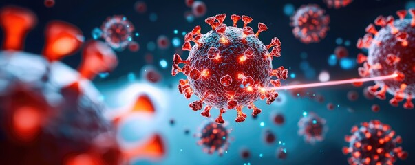 Poster - 3D illustration of viruses with laser interaction on a colorful background.