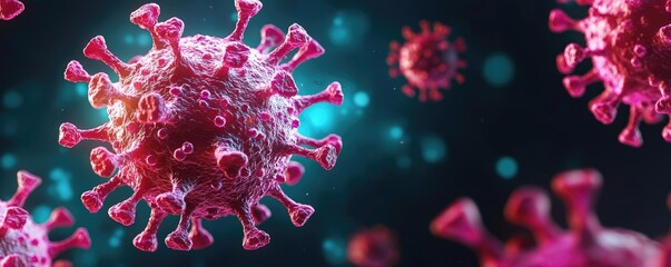 Poster - 3D render of a virus structure, colorful background with glowing particles.