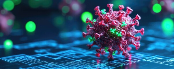 Poster - 3D model of a virus on a digital background, showcasing infectious disease concept.