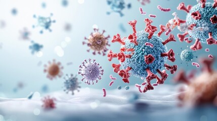 Poster - Colorful viruses and bacteria in an abstract microscopic environment.