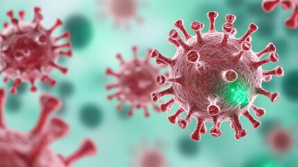 Poster - Close-up view of viruses, microscopic structures with red spikes on a green background.
