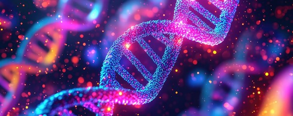 Poster - Colorful DNA strands with glowing effect on a dark background
