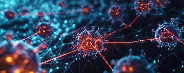 Poster - Abstract representation of virus structure and connections in digital space.