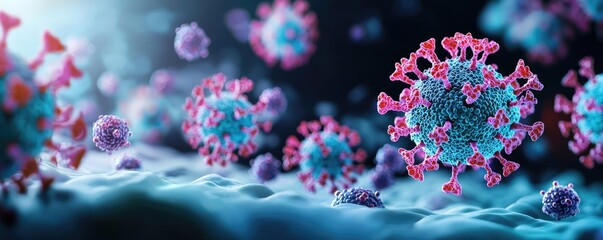 Poster - 3D illustration of virus particles on a dark background.