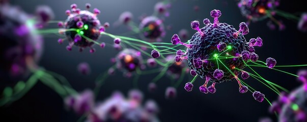 Aufkleber - Colorful virus particles with green connections against a dark background.