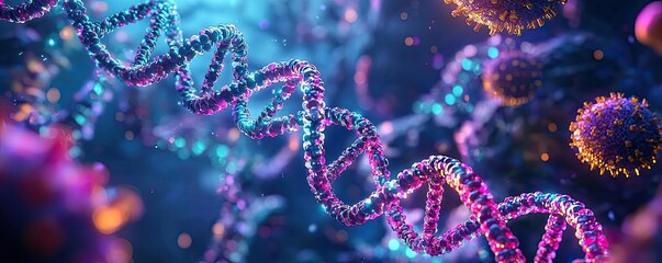 Poster - Colorful representation of DNA strands and virus particles in a abstract background.