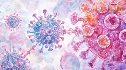 Poster - Abstract representation of virus particles in vibrant colors on a soft background.